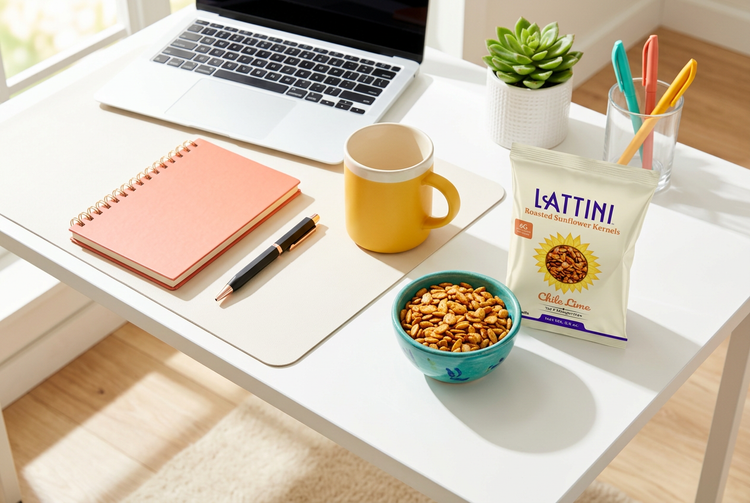 Bright desk with a laptop, a yellow mug and a bowl of seasoned sunflower kernels