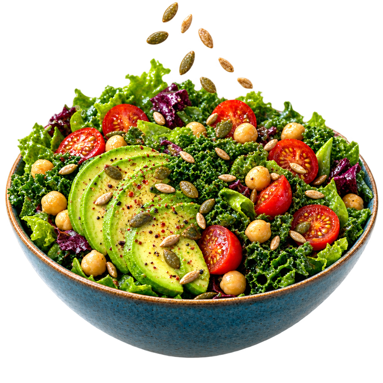 Salad bowl lightly sprinkled with roasted pepitas and sunflower kernels